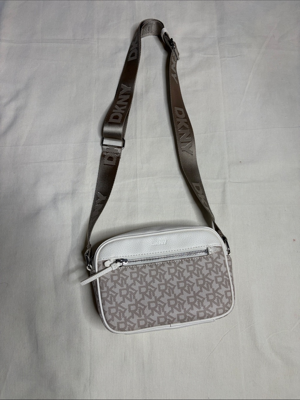 DKNY Taupe & White Logo Crossbody with Branded Strap